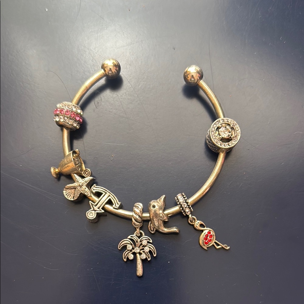Silver open bangle Bracelet with beach charms